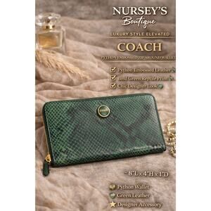 Coach Python Embossed Green Zip Around Leather Wallet